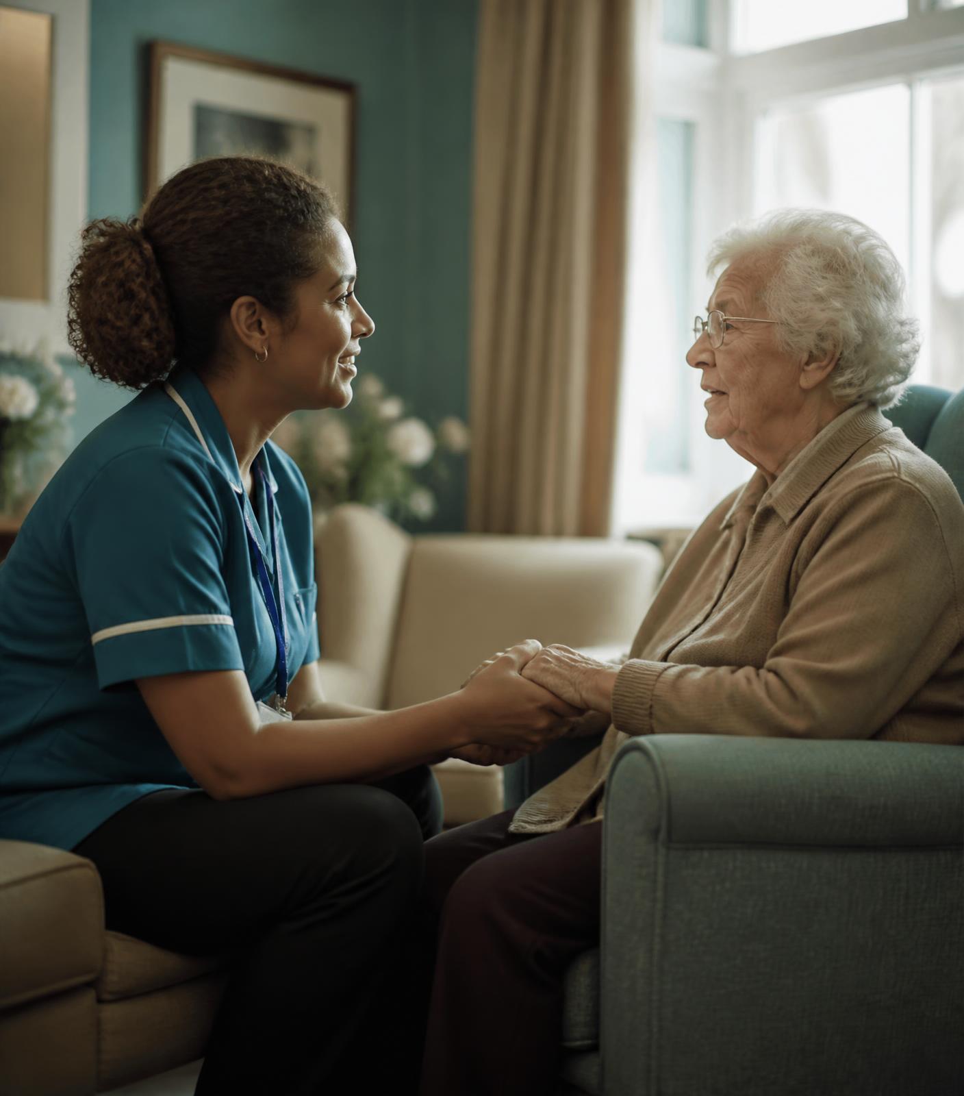 A support worker sitting with an older person in a care home lounge