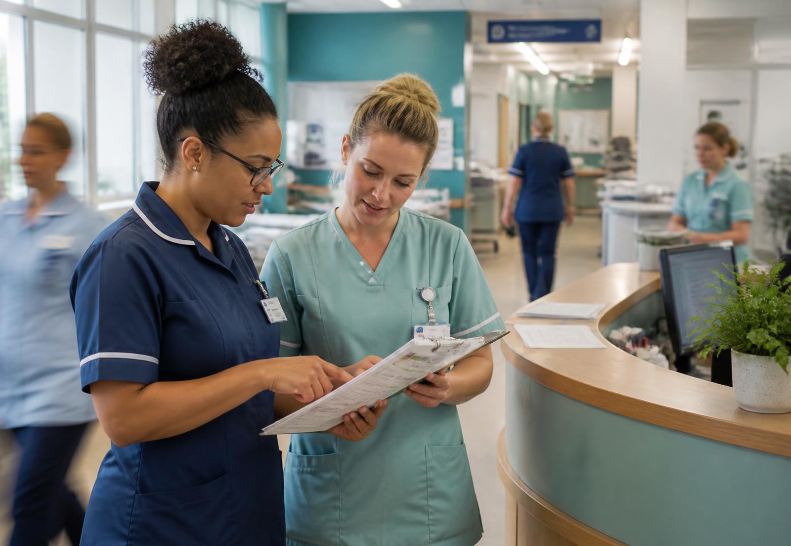 Two healthcare staff reviewing a shift rota at a nurses station